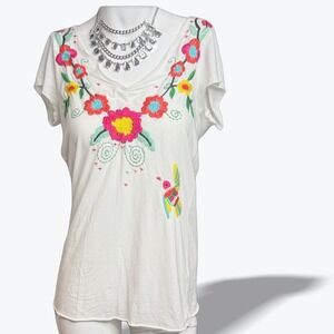 Johnny Was JW LA Joy Love Light White Floral Embroidered‎ Top Womens Small